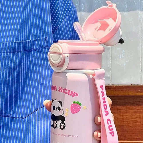 Panda Insulated Water Bottle 550ML | Premium SS 316 Stainless Steel | Cute Panda Design with Carry Loop
